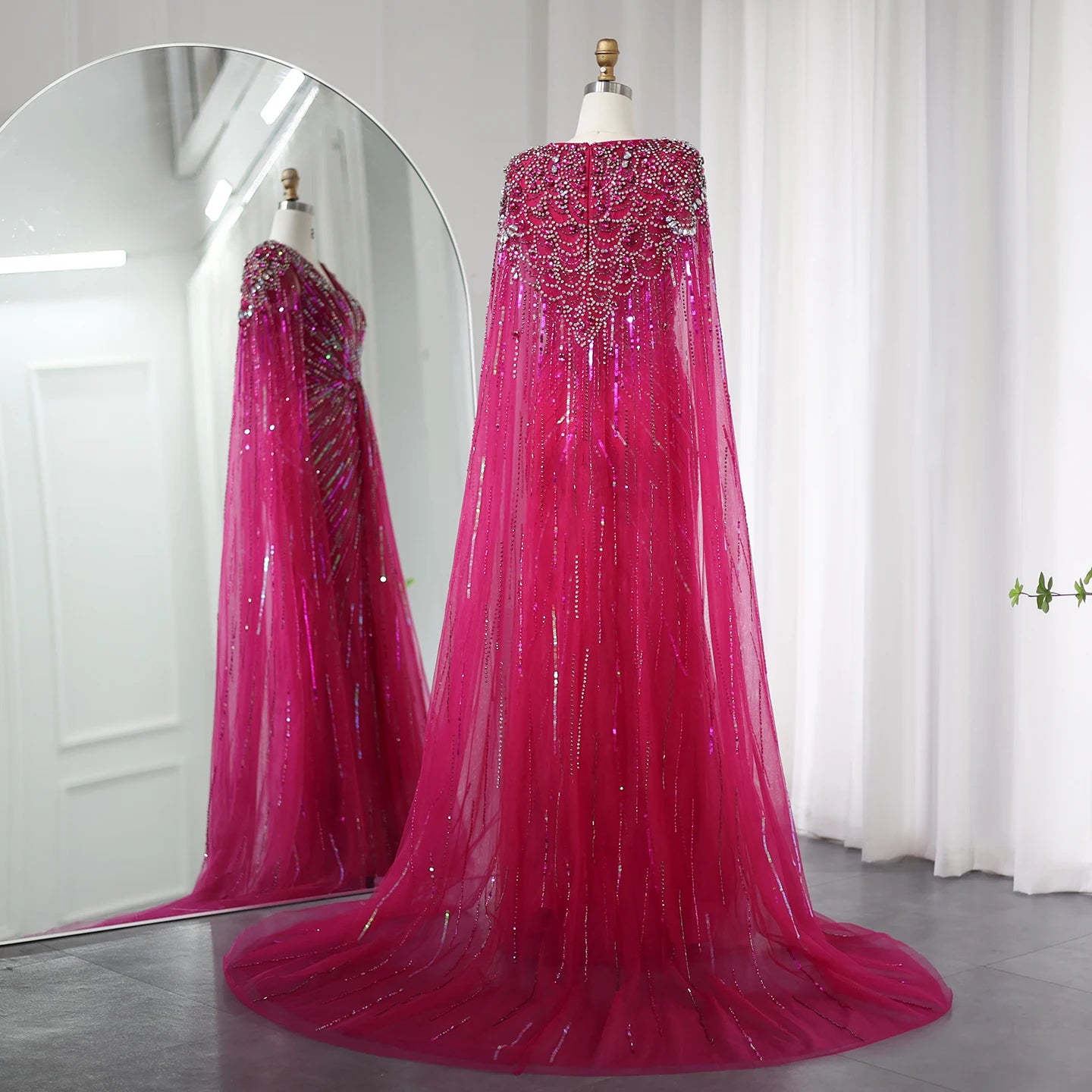 Luxury Dubai Evening Dresses with Cape. Fuchsia Crystal Gold Accents for an Elegant Women's Wedding Formal Party