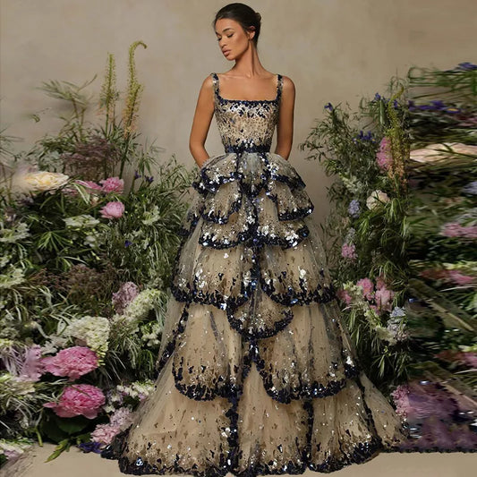 Luxury Dubai Evening Dresses 2024. Featuring Sparkly Sequin Tiered Ruffles, Perfect for an Elegant Women's Wedding, Party, and Formal Occasions.